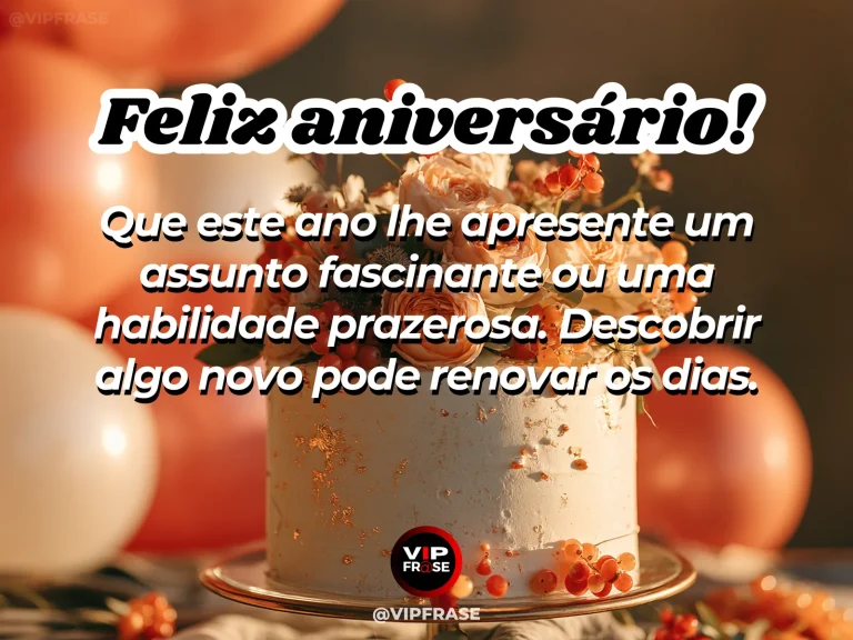 Mensagem de aniversário para alguém especial sobre o presente de aprender algo inesperado, com livros coloridos fechados e bolo de aniversário em mesa florida.
