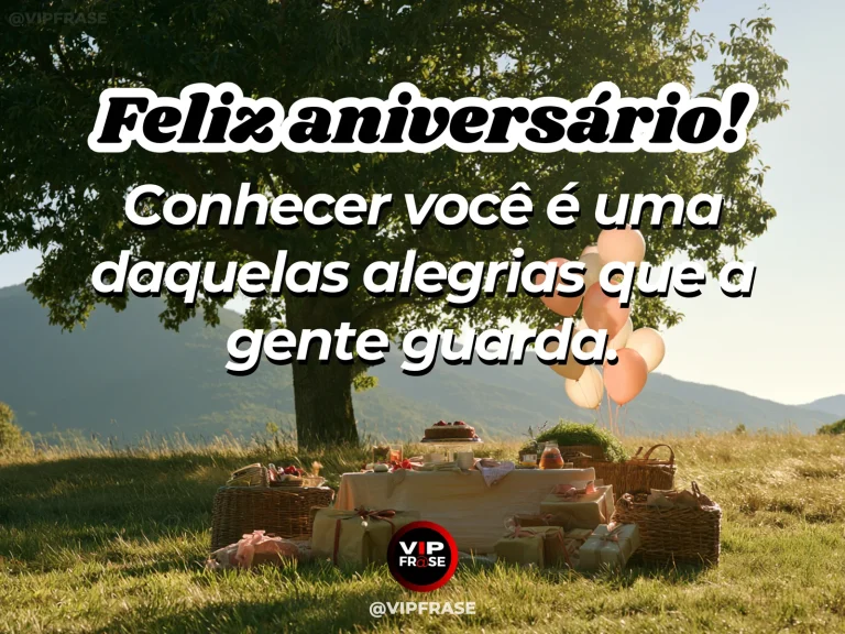 Mensagem de aniversário para alguém especial sobre o privilégio de conhecer você, com banco sob árvore florida ao sol.