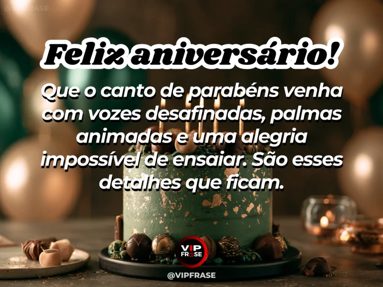 Mensagem de aniversário para alguém especial sobre quando o parabéns vira cantoria, com bolo com velas acesas e muitos balões coloridos em ambiente festivo.