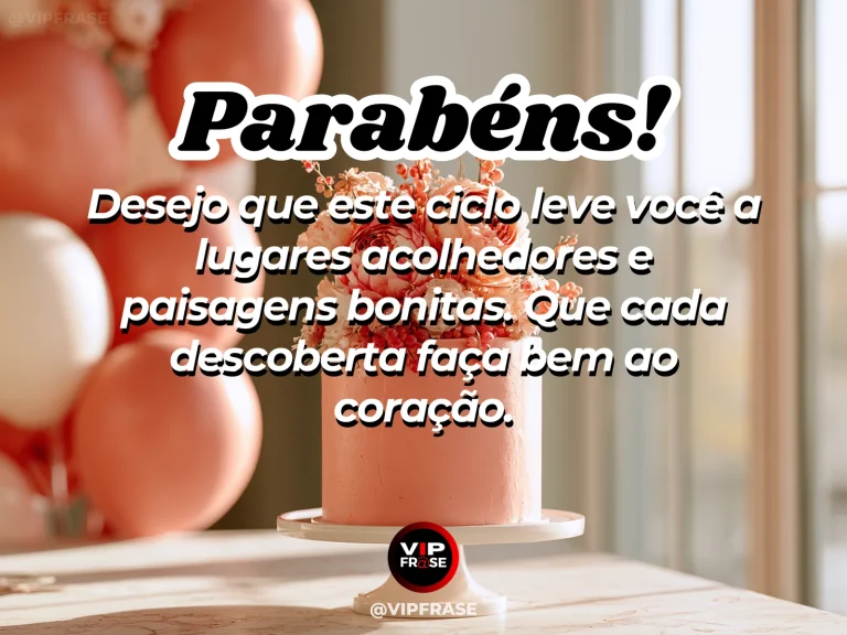 Mensagem de aniversário para alguém especial sobre um ano de portas para bons lugares, com portal de jardim florido aberto para uma paisagem ensolarada.