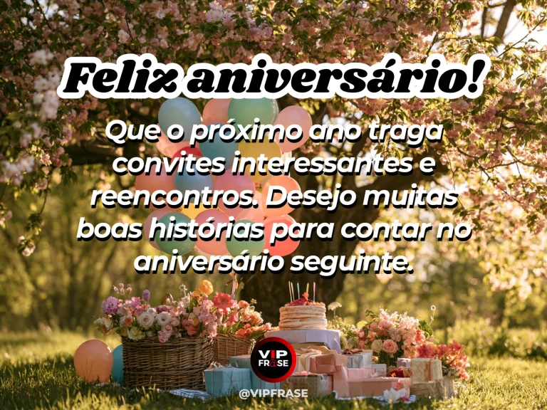 Mensagem de aniversário para alguém especial sobre um desejo para os encontros futuros, com caminho de jardim com mesa de celebração entre flores.