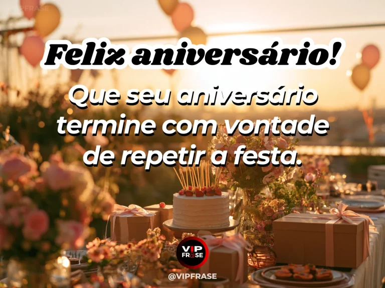 Mensagem de aniversário para alguém especial sobre um final de dia para recordar, com mesa de aniversário com luzinhas ao pôr do sol.