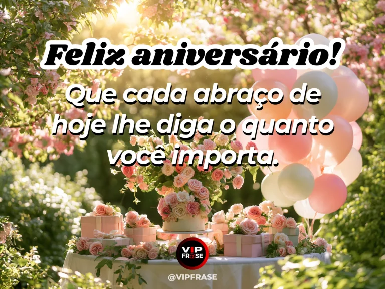 Mensagem de aniversário para alguém especial sobre uma celebração cheia de significado, com arco floral de festa em jardim.