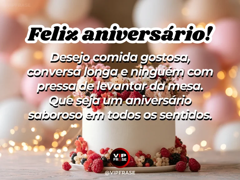 Mensagem de aniversário para alguém especial sobre uma comemoração que abra o apetite, com mesa posta com doces salgados bolo e flores em jardim florido.