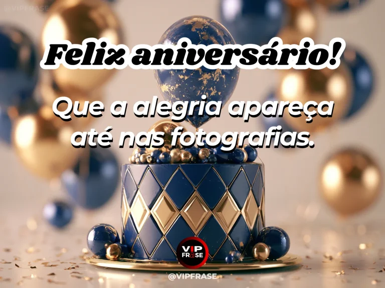 Mensagem de aniversário para WhatsApp sobre alegria, com instant photographs turned blank side up beside a cheerful birthday cake.