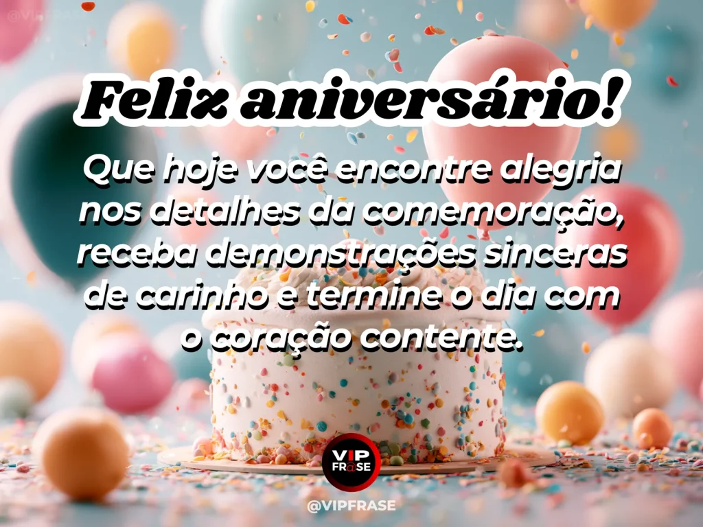 Mensagem de aniversário sobre alegria, com detalhes da mesa de festa.