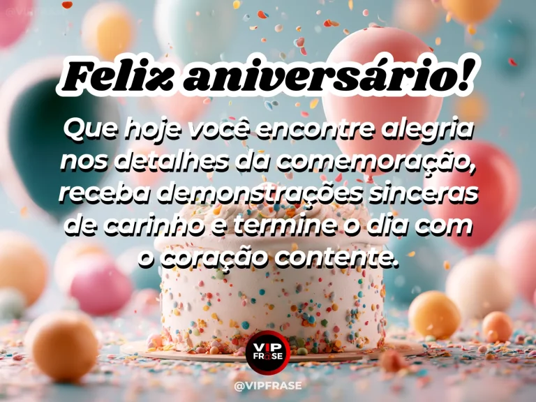Mensagem de aniversário sobre alegria, com detalhes da mesa de festa.