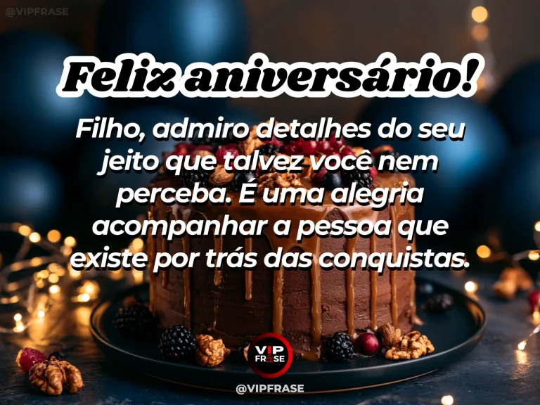 Mensagem de aniversário para filho sobre quiet pride in character, em cenário com bolo de aniversário e balões.
