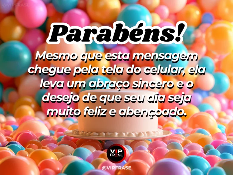 Mensagem de aniversário sobre carinho, com celular e flores.