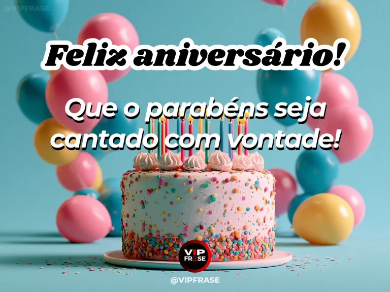 Mensagem de aniversário para WhatsApp sobre alegria, com bright colorful birthday balloons and festive cake with scattered confetti.