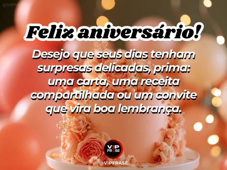 Mensagem de aniversário para prima sobre carinho, com handwritten greeting card alongside bright bouquet and cake.