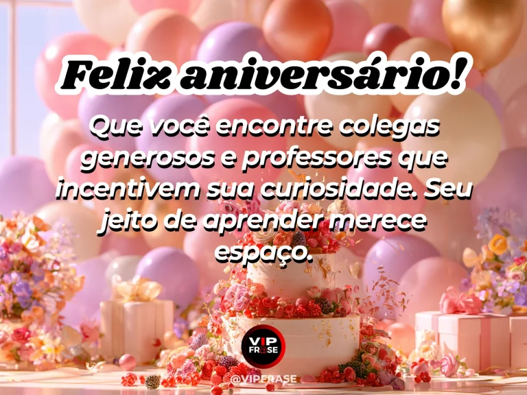 Mensagem de aniversário para sobrinha sobre estudo, com cena festiva de birthday cake among bright flowers colored pencils school noteboo.