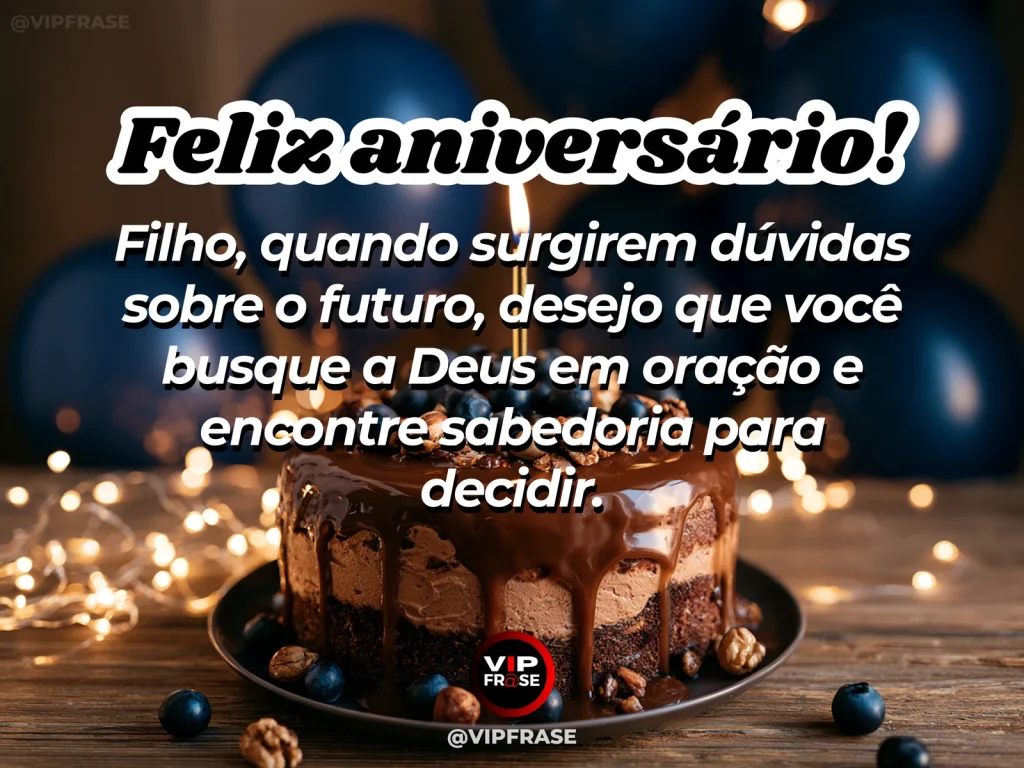Mensagem de aniversário para filho sobre faithful guidance, em cenário com bolo de aniversário e balões.