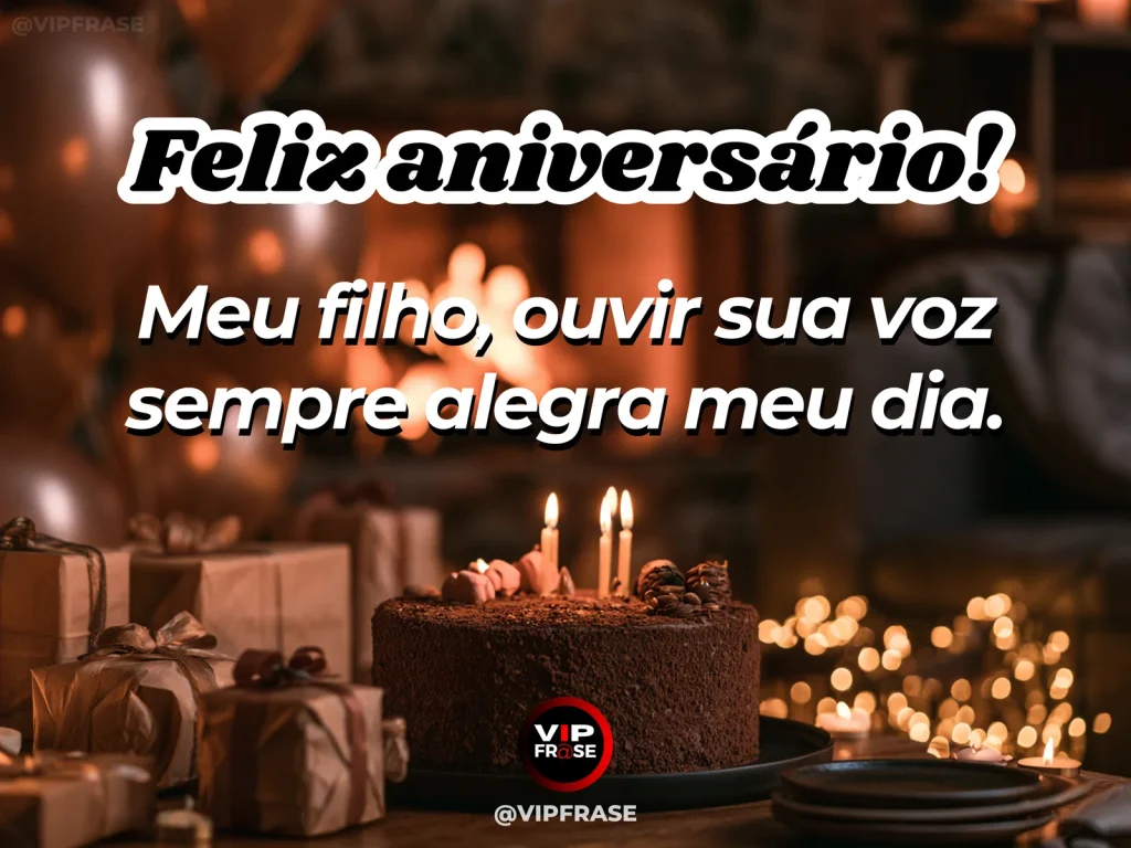 Mensagem de aniversário para filho sobre close family affection, em cenário com bolo de aniversário e balões.