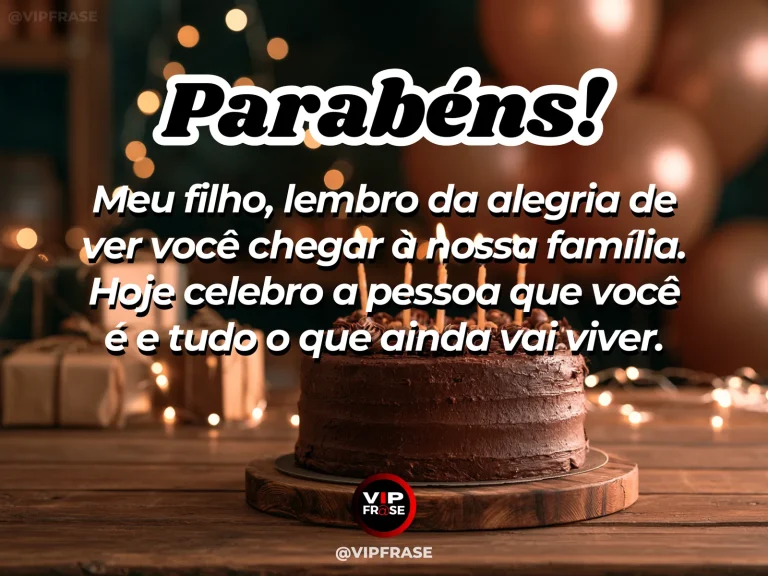 Mensagem de aniversário para filho sobre lembranças de família, em arte com bolo e decoração de festa