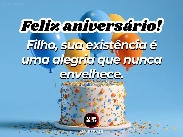 Mensagem de aniversário para filho sobre alegria familiar luminosa, em arte com bolo e decoração de festa