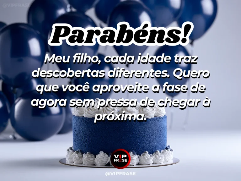 Mensagem de aniversário para filho sobre presença e maturidade, em arte com bolo e decoração de festa