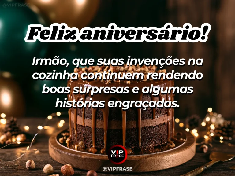 Mensagem de aniversário para irmão sobre felicidade, com bolo de aniversário e balões.