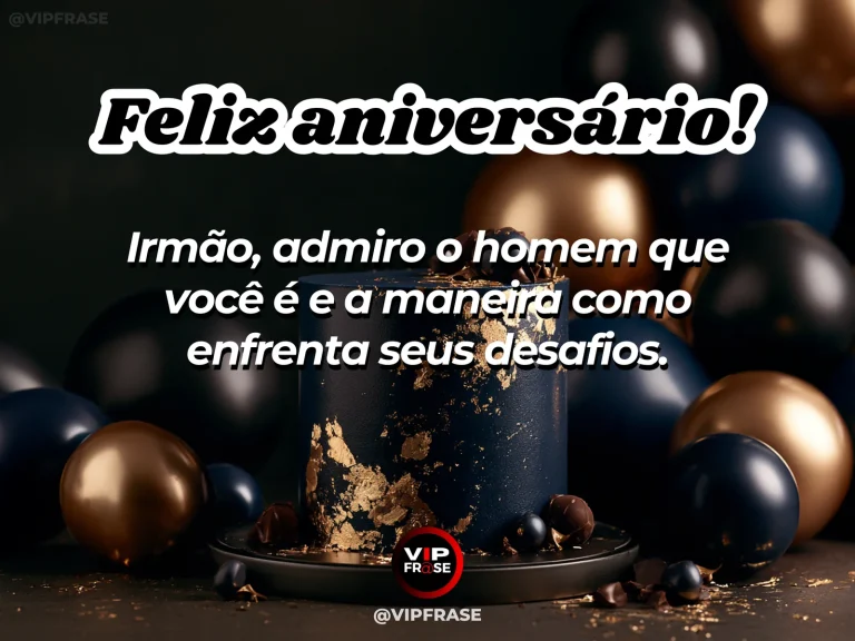 Mensagem de aniversário para irmão sobre coragem, com bolo elegante em terraço ao pôr do sol.