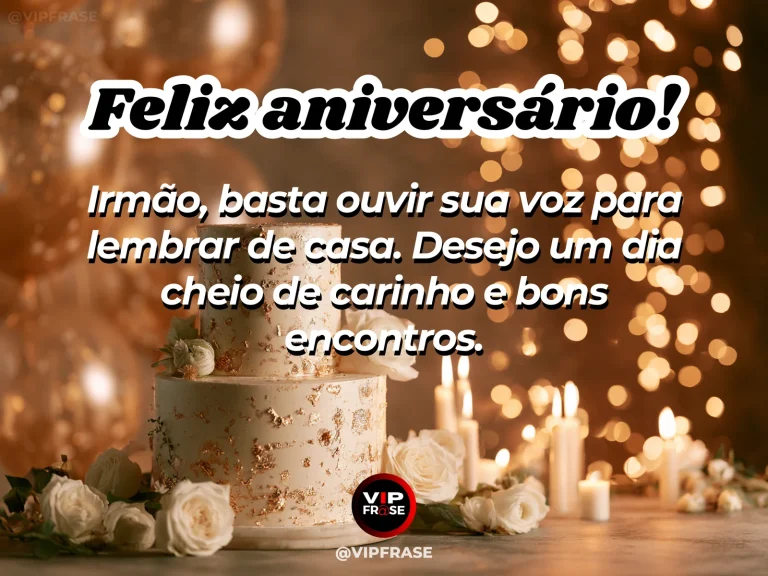 Mensagem de aniversário para irmão sobre saudade, com cenário festivo em azul e dourado.