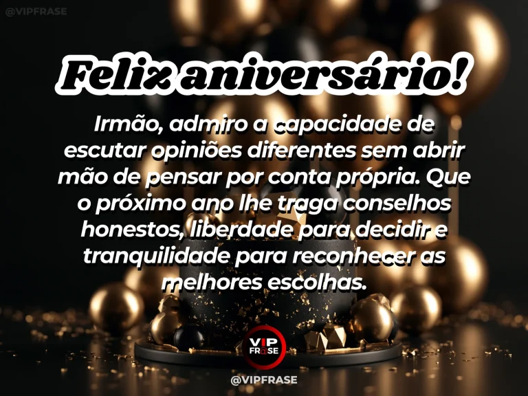 Mensagem de aniversário para irmão sobre sabedoria, com bolo de aniversário e balões.