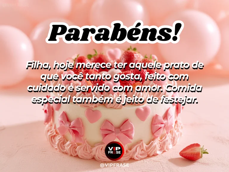 Mensagem de aniversário para filha sobre carinho, com bolo decorado e balões em festa delicada.
