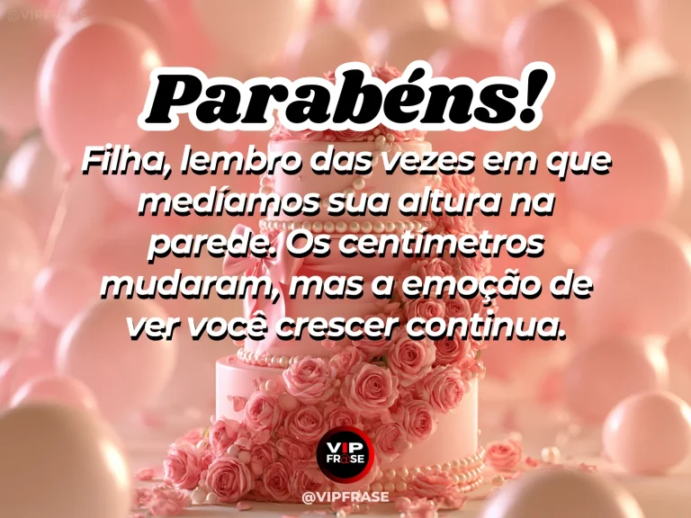 Mensagem de aniversário para filha sobre vida, com bolo decorado e balões em festa delicada.
