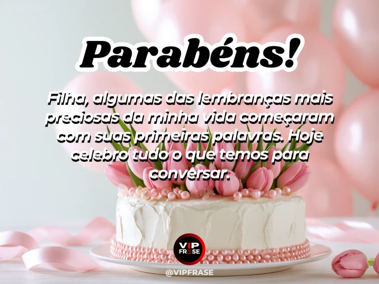 Mensagem de aniversário para filha sobre gratidao, com bolo decorado e balões em festa delicada.