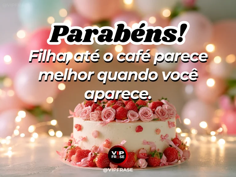 Mensagem de aniversário para filha sobre saudade, com bolo decorado e balões em festa delicada.
