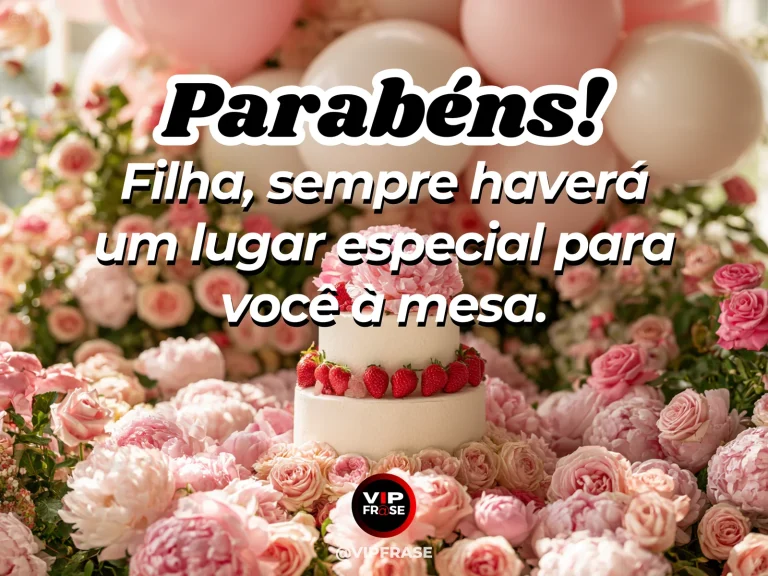 Mensagem de aniversário para filha sobre familia, com bolo decorado e balões em festa delicada.