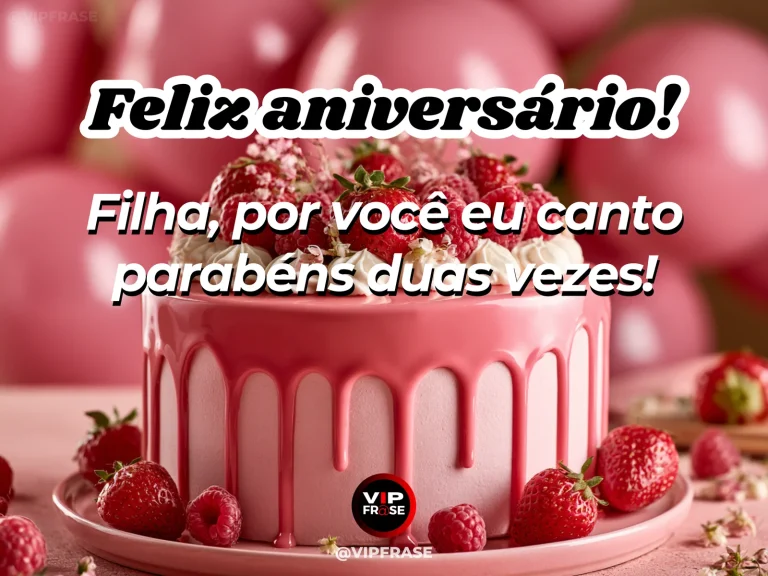 Mensagem de aniversário para filha sobre felicidade, com bolo decorado e balões em festa delicada.