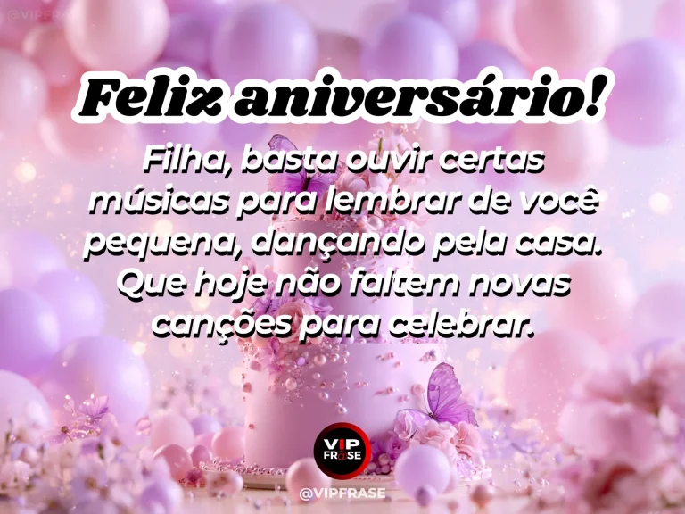 Mensagem de aniversário para filha sobre saudade, com bolo decorado e balões em festa delicada.