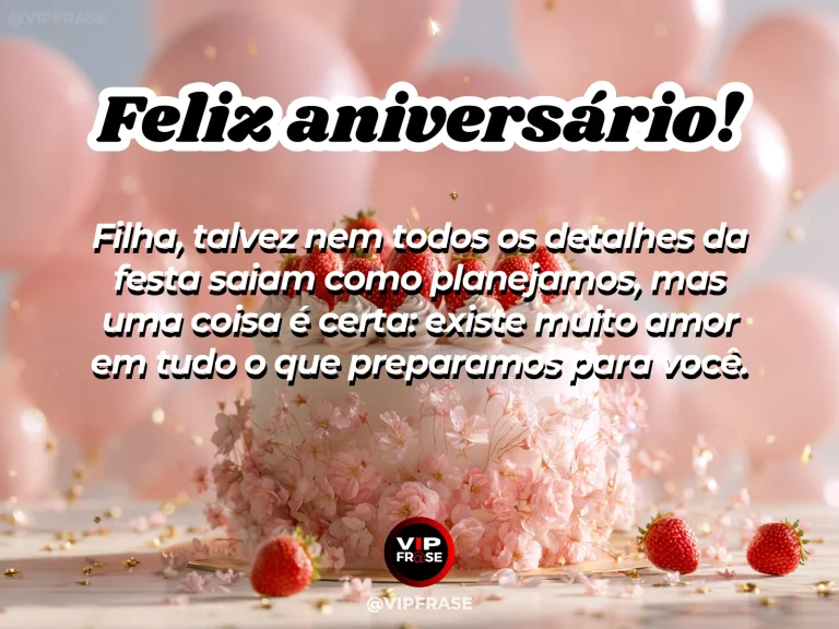 Mensagem de aniversário para filha sobre amor, com bolo decorado e balões em festa delicada.