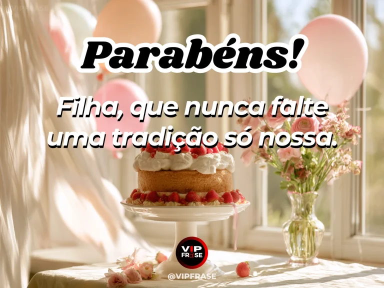 Mensagem de aniversário para filha sobre familia, com bolo decorado e balões em festa delicada.
