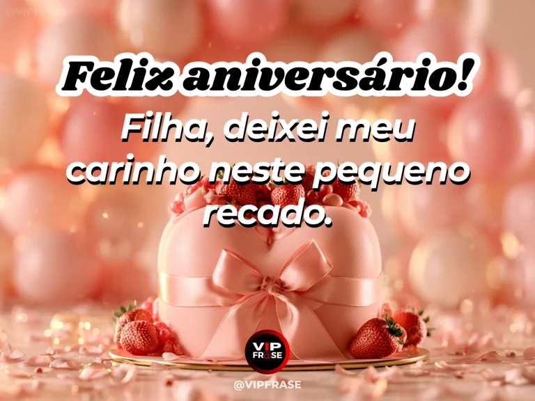 Mensagem de aniversário para filha sobre carinho, com bolo decorado e balões em festa delicada.