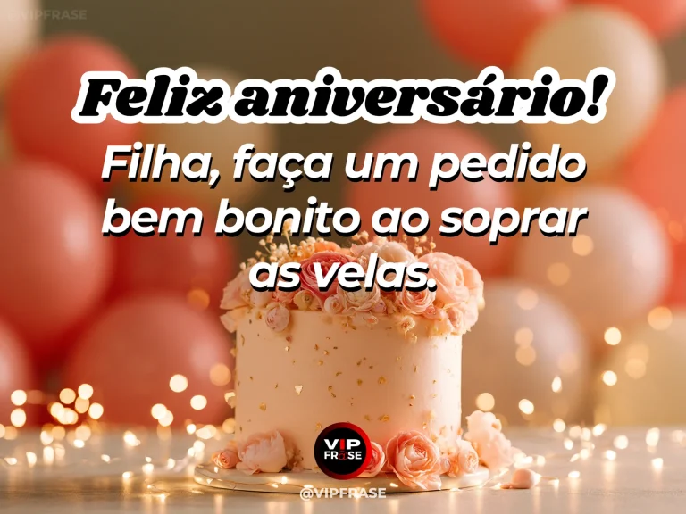 Mensagem de aniversário para filha sobre esperanca, com bolo decorado e balões em festa delicada.