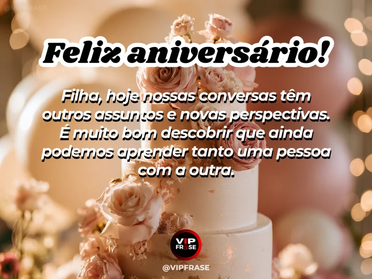 Mensagem de aniversário para filha sobre sabedoria, com bolo decorado e balões em festa delicada.