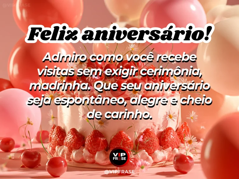 Mensagem de aniversário para madrinha sobre a hospitalidade da madrinha, com festa na varanda com flores e balões.