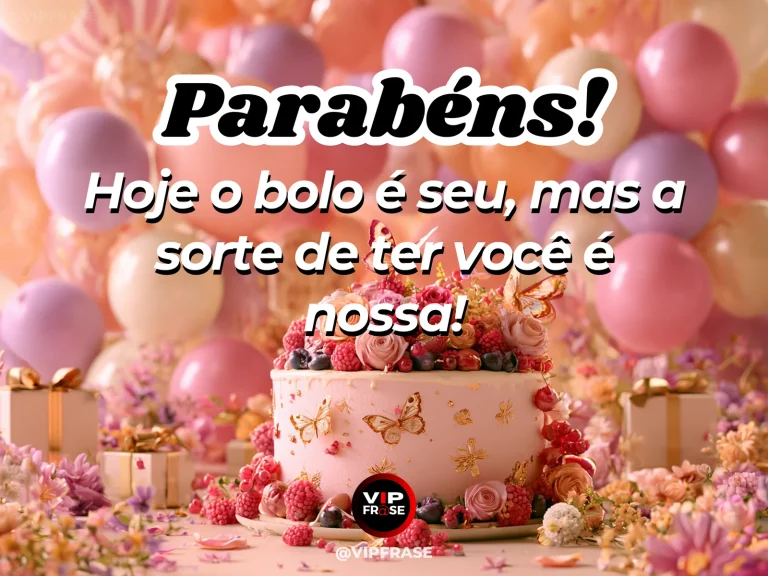 Mensagem de aniversário para madrinha sobre a sorte de ter uma madrinha, com bolo de aniversário alegre com balões coloridos.