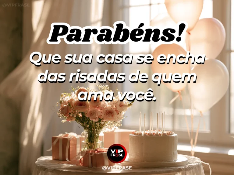 Mensagem de aniversário para madrinha sobre casa cheia de risadas, com sala ensolarada decorada com balões e flores.