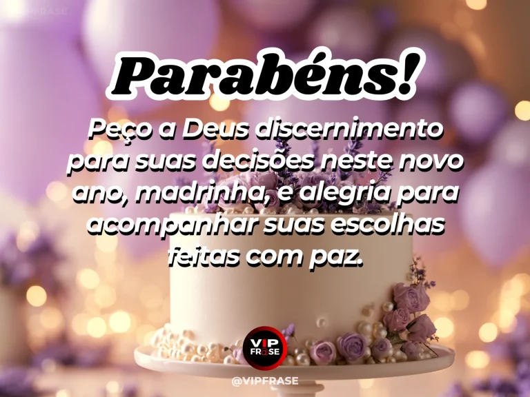 Mensagem de aniversário para madrinha sobre discernimento nas decisões, com caminhos floridos sob céu azul.