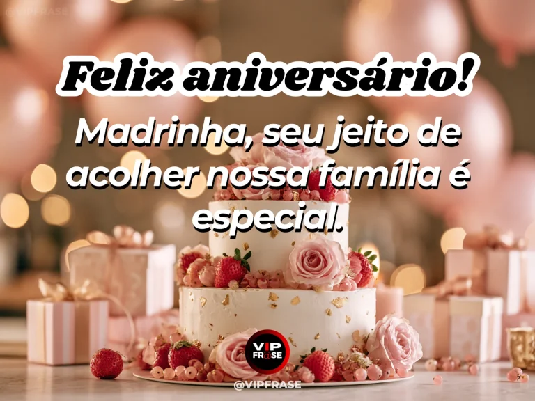 Mensagem de aniversário para madrinha sobre madrinha e o carinho pela família, com mesa familiar festiva com arranjos florais.