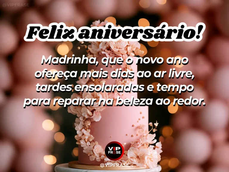 Mensagem de aniversário para madrinha sobre madrinha e os dias ao ar livre, com jardim verde com flores e raios de sol.