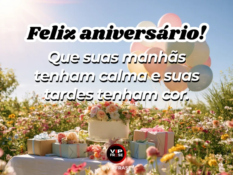 Mensagem de aniversário para madrinha sobre manhãs calmas e tardes coloridas, com varanda florida sob céu azul.
