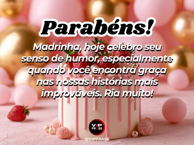 Mensagem de aniversário para madrinha sobre o bom humor da madrinha, com bolo divertido com balões e confetes.