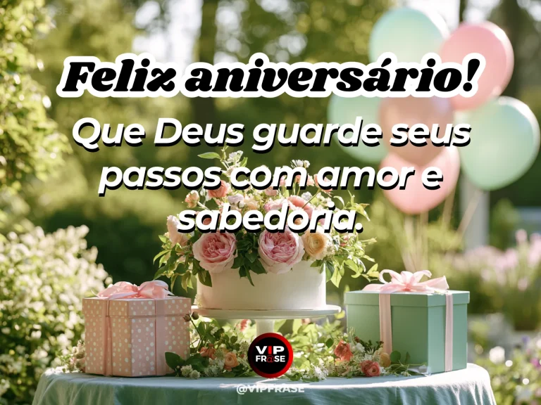 Mensagem de aniversário para madrinha sobre proteção e sabedoria de deus, com céu azul e caminho florido sereno.