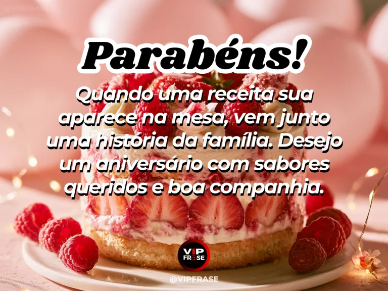 Mensagem de aniversário para madrinha sobre receitas que guardam histórias, com bolo caseiro de morango e caderno de receitas.