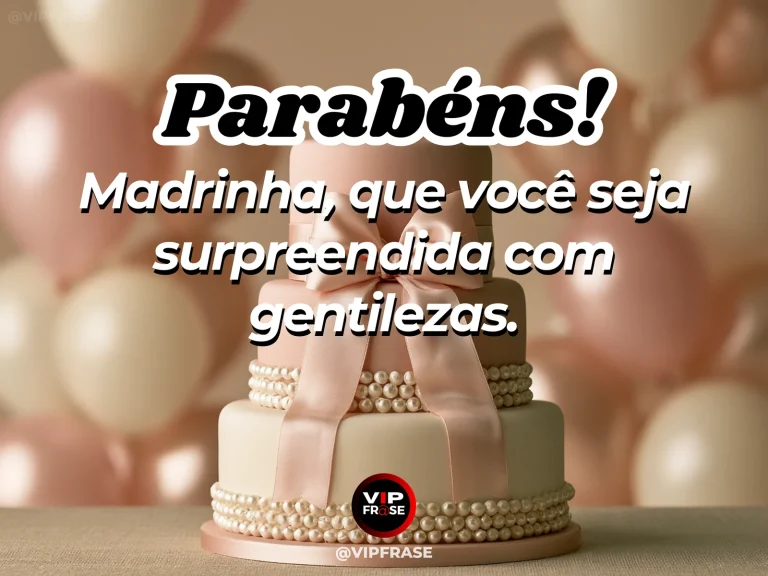 Mensagem de aniversário para madrinha sobre uma surpresa gentil, com presente delicado cercado de rosas.
