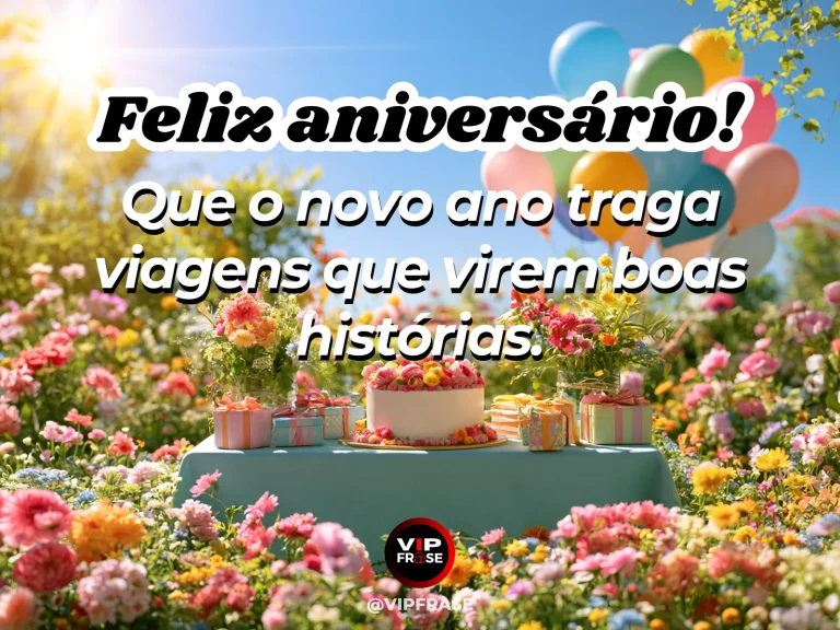 Mensagem de aniversário para madrinha sobre viagens para recordar, com mala elegante e flores em paisagem ensolarada.