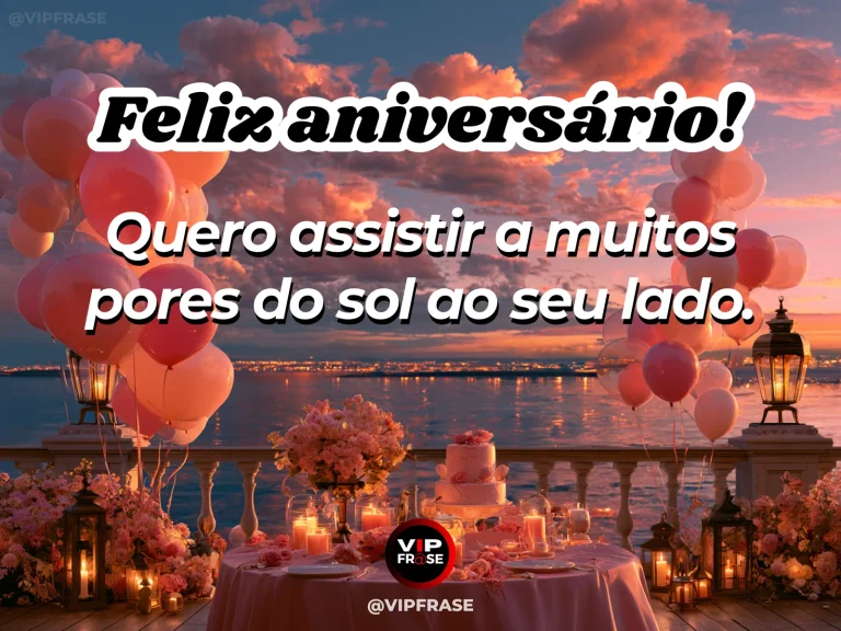 Mensagem de aniversário para namorada sobre nosso próximo pôr do sol, com romantic seaside birthday table with pastel flowers under a vivid glowing sunset sky.